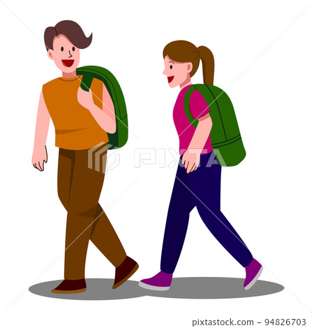 Man and woman are talking while walking to somewhere. Vector illustration. Man and woman are talking while walking to somewhere. Vector illustration. 94826703