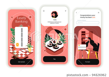 Online banking concept onboarding screens. Credit card management and financial transactions in application. UI, UX, GUI user interface kit with flat people scene. Vector illustration for web design Online banking concept onboarding screens. Credit card management and financial transactions in application. UI, UX, GUI user interface kit with flat people scene. Vector illustration for web design 94826962