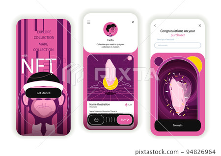 NFT concept onboarding screens. Buying and selling digital art with non fungible tokens with cryptocurrency. UI, UX, GUI user interface kit with flat people scene. Vector illustration for web design 94826964
