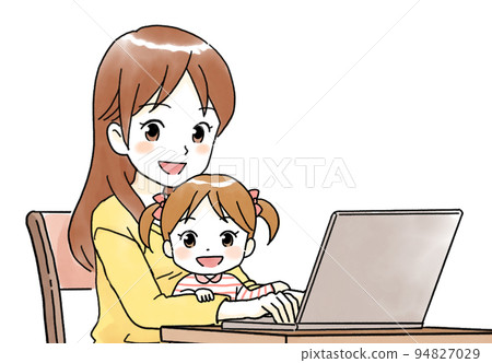 Illustration of the upper body of a mother and child sitting in front of a computer and looking at this with a smile 94827029