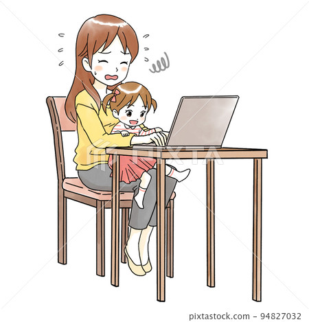 Illustration of a mother and a smiling child who are stressed by computer work Illustration of a mother and a smiling child who are stressed by computer work 94827032