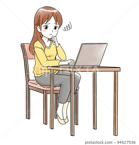 Full body illustration of a woman looking at a computer screen and making a sour face Full body illustration of a woman looking at a computer screen and making a sour face 94827036
