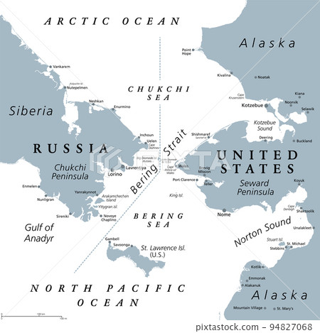 Bering Strait, gray political map. Strait between the North Pacific Ocean and Arctic Ocean, separating the Chukchi Peninsula of the Russian Far East from the Seward Peninsula of Alaska, United States. Bering Strait, gray political map. Strait between the North Pacific Ocean and Arctic Ocean, separating the Chukchi Peninsula of the Russian Far East from the Seward Peninsula of Alaska, United States. 94827068