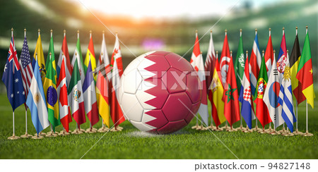 Soccer football ball with flags of world countries on the grass of football arena. Cup of world in Qatar. 94827148