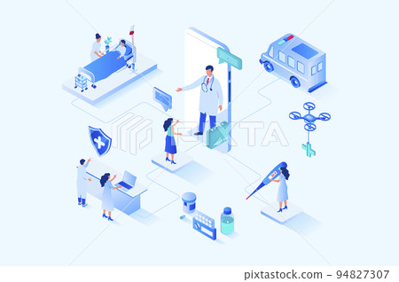Medicine 3d isometric web design. People receive online consultation with doctor, make appointment at clinic reception, receive therapy in ward, treatment and healthcare. Vector web illustration 94827307