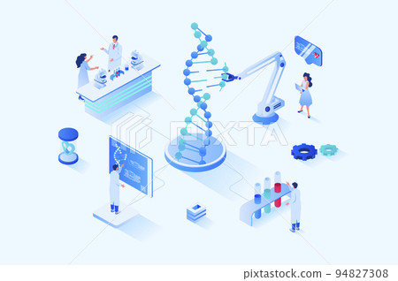 Medical laboratory 3d isometric web design. People scientists explore molecular structure of dna on modern laboratory equipment, researchers do tests and chemical experiments. Vector web illustration 94827308