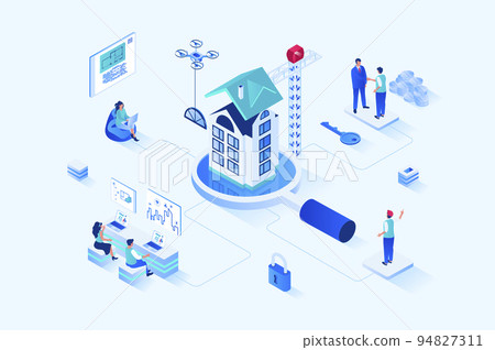 Real estate 3d isometric web design. People work in real estate business, architects design new houses and draw blueprints, builders constructing, agents sell apartments. Vector web illustration Real estate 3d isometric web design. People work in real estate business, architects design new houses and draw blueprints, builders constructing, agents sell apartments. Vector web illustration 94827311