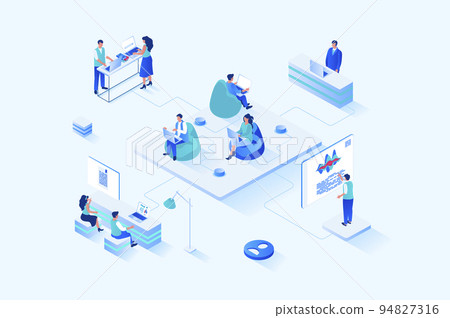 Coworking 3d isometric web design. People work on laptops in open office, discussing tasks and work together on project, communicate and collaborate, workspace of startup. Vector web illustration Coworking 3d isometric web design. People work on laptops in open office, discussing tasks and work together on project, communicate and collaborate, workspace of startup. Vector web illustration 94827316