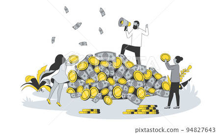 Finance concept in flat design with people. Woman and man earned lot of cash and coins, celebrate increase in profits and financial success. Vector illustration with character scene for web banner Finance concept in flat design with people. Woman and man earned lot of cash and coins, celebrate increase in profits and financial success. Vector illustration with character scene for web banner 94827643