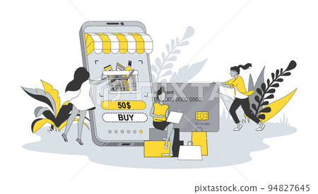 E-commerce concept in flat design with people. Women make purchases using store website and paying with credit card, choose and receive goods. Vector illustration with character scene for web banner 94827645