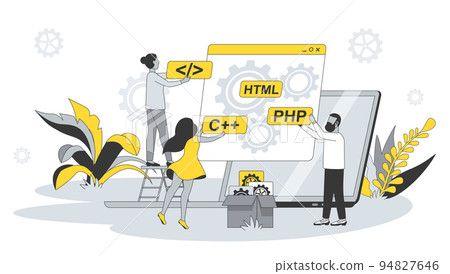 Developing team concept in flat design with people. Man and woman write and test code, programming on different languages, optimize programs. Vector illustration with character scene for web banner 94827646