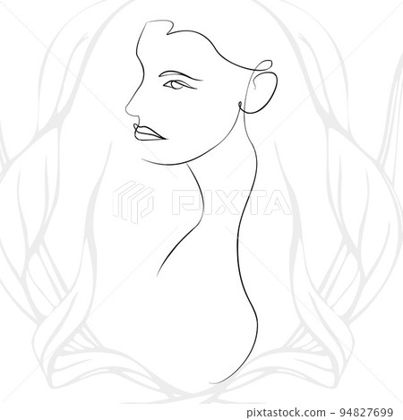 One continuous line hand drawn vector art with beautiful woman face in elegant curve. Black isolated on white background. Modern simplistic design for fashion, wall art, print, tattoo, cover, card. One continuous line hand drawn vector art with beautiful woman face in elegant curve. Black isolated on white background. Modern simplistic design for fashion, wall art, print, tattoo, cover, card. 94827699