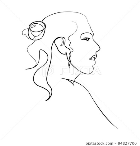 One continuous line hand drawn vector art with beautiful woman face in elegant curve. Black isolated on white background. Modern simplistic design for fashion, wall art, print, tattoo, cover, card. One continuous line hand drawn vector art with beautiful woman face in elegant curve. Black isolated on white background. Modern simplistic design for fashion, wall art, print, tattoo, cover, card. 94827700