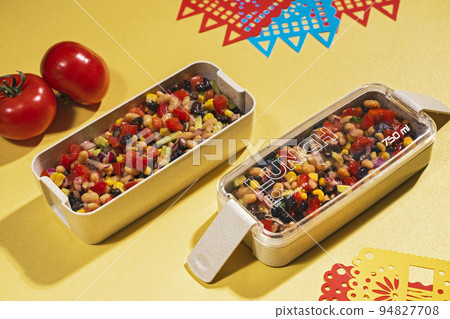 cowboy caviar, texas caviar with black bean, tomatoes, avocado, red bell pepper, corn in lunch box cowboy caviar, texas caviar with black bean, tomatoes, avocado, red bell pepper, corn in lunch box 94827708
