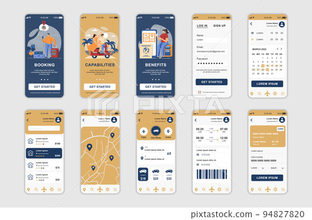Booking concept screens set for mobile app template. People order taxi, buy plane tickets and tourist trips online. UI, UX, GUI user interface kit for smartphone application layouts. Vector design 94827820