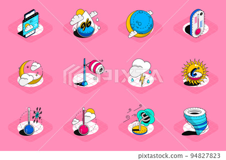 Weather 3d isometric icons set. Pack elements of air humidity, temperature, wind, sun, moon, cloudy, thunderstorm, atmosphere, overcast and others. Vector illustration in modern isometric design Weather 3d isometric icons set. Pack elements of air humidity, temperature, wind, sun, moon, cloudy, thunderstorm, atmosphere, overcast and others. Vector illustration in modern isometric design 94827823