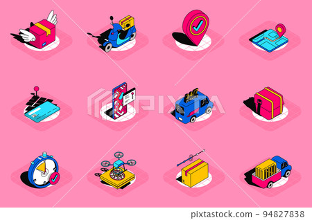Delivery 3d isometric icons set. Pack elements of fast shipping, parcel, online tracking map, transport, flying drone, logistic, storage and others. Vector illustration in modern isometric design Delivery 3d isometric icons set. Pack elements of fast shipping, parcel, online tracking map, transport, flying drone, logistic, storage and others. Vector illustration in modern isometric design 94827838
