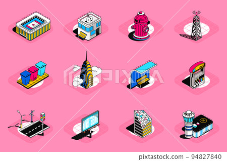 City buildings 3d isometric icons set. Pack elements of urban infrastructure, hydrant, station, roadway, billboard, hospital, skyscraper and others. Vector illustration in modern isometric design City buildings 3d isometric icons set. Pack elements of urban infrastructure, hydrant, station, roadway, billboard, hospital, skyscraper and others. Vector illustration in modern isometric design 94827840