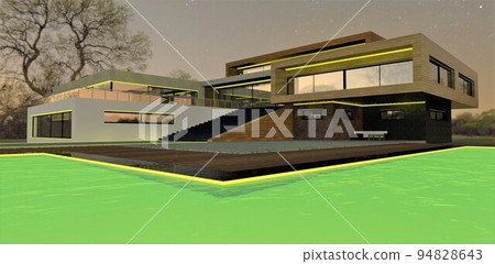 Experimenting with light on a starry night in a modern advanced pool villa. Illumination of the facade of the house with a yellow LED tape. 3d render. Experimenting with light on a starry night in a modern advanced pool villa. Illumination of the facade of the house with a yellow LED tape. 3d render. 94828643
