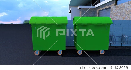 Two green garbage containers near a paved retaining wall on an asphalt site. Near metal parking for bicycles. 3d render. 94828659