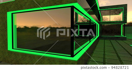 Green luminescent paint in the window openings makes the facade of an advanced private house individual and exclusive. You can create any shapes. Looks very cool at night. 3d render. 94828721