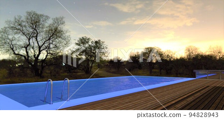 Swimming pool on the roof wooden terrace of a country house. Blue LED illumination. The stars are shining in the night sky. 3d render. Swimming pool on the roof wooden terrace of a country house. Blue LED illumination. The stars are shining in the night sky. 3d render. 94828943