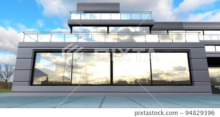 Architectural abstraction. Fasal of the building from aluminum panels. Reflection of the cloudy sky in huge panoramic windows. 3d render. 94829396