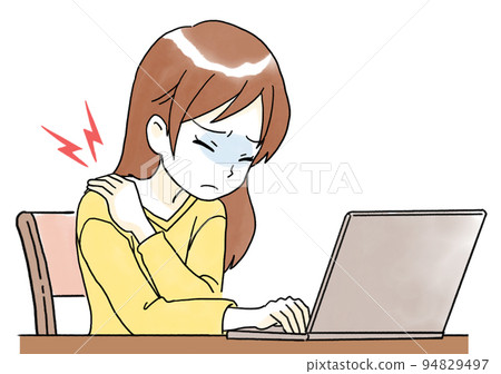 Illustration of a woman suffering from stiff shoulders due to computer work Illustration of a woman suffering from stiff shoulders due to computer work 94829497