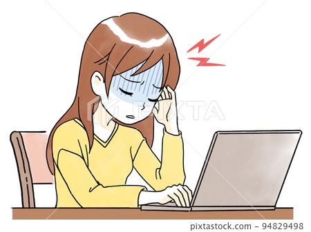 Illustration of a woman suffering from a headache due to computer work Illustration of a woman suffering from a headache due to computer work 94829498