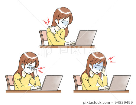 Illustration of a woman suffering from poor health due to computer work Illustration of a woman suffering from poor health due to computer work 94829499