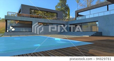 Sun glare on the surface of blue water in the pool in the yard of a modern country cottage. Terrace board flooring. Entrance mirrored doors. 3d render. 94829781