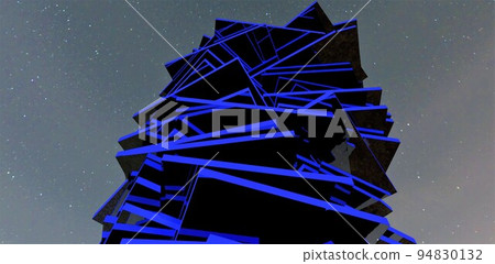 An abstract Christmas tree on a planet where no vegetation exists. Stone slabs illuminated in blue are laid one on top of the other in the height of the starry sky. 3d render. An abstract Christmas tree on a planet where no vegetation exists. Stone slabs illuminated in blue are laid one on top of the other in the height of the starry sky. 3d render. 94830132