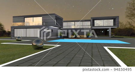 A path made of natural cobblestone, framed by a luminous border, leads to a cozy country house, where the light is on outside the windows. Blue pool and steel reflecting balls under the night sky. 3d A path made of natural cobblestone, framed by a luminous border, leads to a cozy country house, where the light is on outside the windows. Blue pool and steel reflecting balls under the night sky. 3d 94830495
