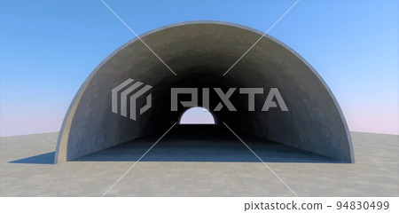 Architectural Improvisation. Light at the end of a thin-walled tunnel against a blue sky. Concrete surface. 3d render. 94830499