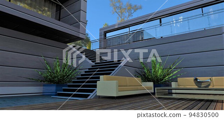 Climbing the stone stairs to the upper terrace past a compact patio on a wooden deck in the courtyard of a technological house. 3d render. Climbing the stone stairs to the upper terrace past a compact patio on a wooden deck in the courtyard of a technological house. 3d render. 94830500