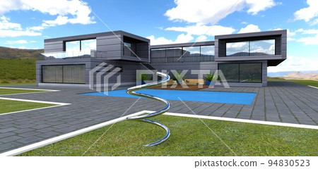 Sculpture on the lawn in the form of a chrome spiral on the territory of a futuristic estate. The white border looks good with natural paving stones. 3d render. Sculpture on the lawn in the form of a chrome spiral on the territory of a futuristic estate. The white border looks good with natural paving stones. 3d render. 94830523
