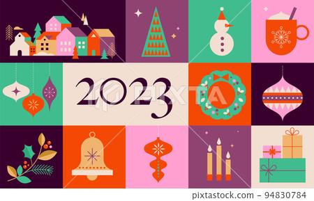 Collection of Christmas decorations, holiday gifts, winter elements, candles, Christmas tree, dove Collection of Christmas decorations, holiday gifts, winter elements, candles, Christmas tree, dove 94830784