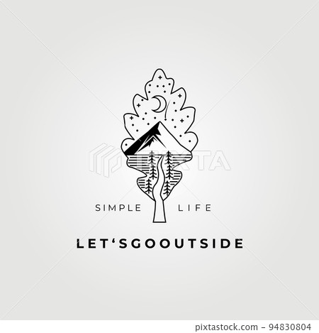 outdoor adventure , fantasy oak leaf logo , creative and clever logo vector, mountain illustration design outdoor adventure , fantasy oak leaf logo , creative and clever logo vector, mountain illustration design 94830804