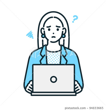 A woman who is worried in front of a computer. Illustration of a thinking business woman. A woman who is worried in front of a computer. Illustration of a thinking business woman. 94833665