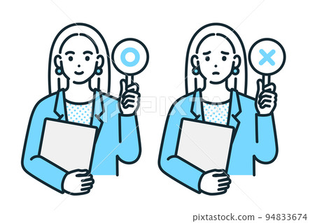 拿著圓鈔票的女人。一個女商人的矢量插圖素材。 94833674