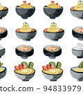 Asian Food, Hand Drawn Watercolor Illustration. Japanese Food, Illustration With Sushi, Noodles, Japanese Tea, Udon, Tofu, Yakitori and Tempura. 94833979