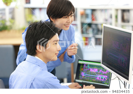 Male and female designers working on the design while looking at the CAD screen_3 94834435