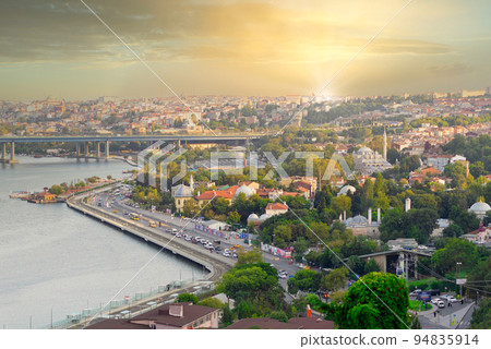 Istanbul city from Pierre Loti Teleferik station overlooking Golden Horn, Eyup District, Istanbul, Turkey, before sunset Istanbul city from Pierre Loti Teleferik station overlooking Golden Horn, Eyup District, Istanbul, Turkey, before sunset 94835914