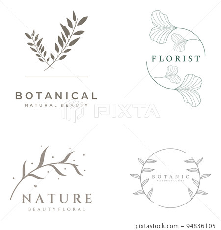 Natural botanical logo organic template vector design with leaves, flowers, stems. With minimalist outline, elegant.Suitable for beauty, badge,wedding and business. 94836105