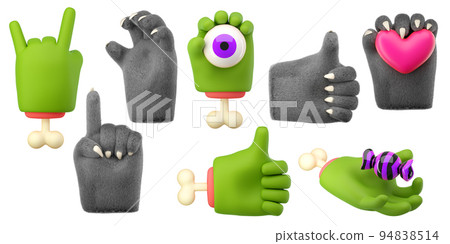 3d furry wolf hands set in plastic cartoon style. Different fingers and palm gesture. Werewolf monster Halloween character palms. High quality isolated render 3d furry wolf hands set in plastic cartoon style. Different fingers and palm gesture. Werewolf monster Halloween character palms. High quality isolated render 94838514