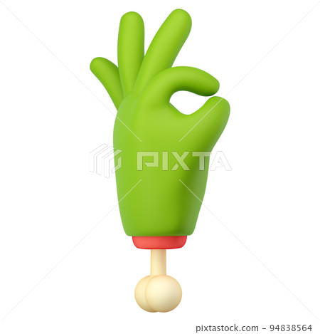 3d zombie hand in plastic cartoon style. Ok fingers gesture. Green monster Halloween character palm with bone. High quality isolated render 3d zombie hand in plastic cartoon style. Ok fingers gesture. Green monster Halloween character palm with bone. High quality isolated render 94838564