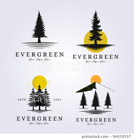 set and bundle of evergreen, woodland, adventure forest logo lake riverside creekside vector illustration silhouette vintage symbol design bundle collection 94839537