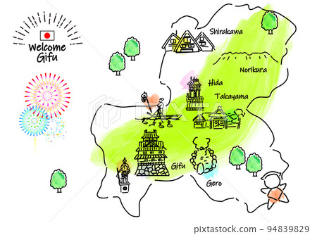 Simple line drawing illustration map of sightseeing spots in Gifu Prefecture 94839829
