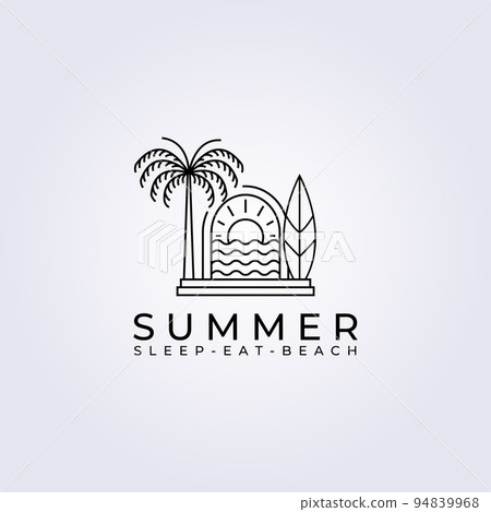 palm tree and surf on ocean logo vector line art badge illustration design graphic 94839968