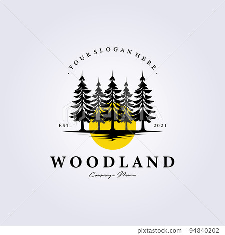 pine, evergreen, Rustic woodland logo Vintage retro fir, hemlock, spruce, conifer, cedar, coniferous, cypress, larch, pinus trees logo vector illustration icon symbol background label template design 94840202